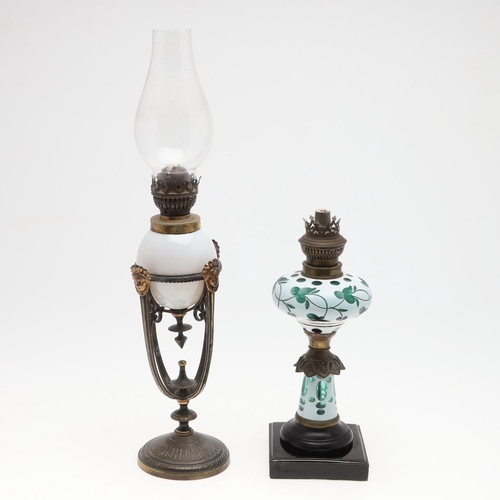 830 - OPALINE GLASS OIL LAMP & BOHEMIAN GLASS OIL LAMP. An interesting Arts & Crafts style vintage brass o... 