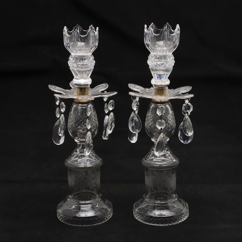 831 - PAIR OF 19THC GLASS TABLE LUSTRES. A pair of glass table lustres, the lustre drops supported on flow... 