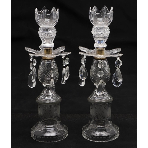 831 - PAIR OF 19THC GLASS TABLE LUSTRES. A pair of glass table lustres, the lustre drops supported on flow... 