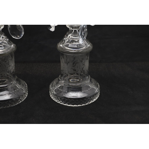 831 - PAIR OF 19THC GLASS TABLE LUSTRES. A pair of glass table lustres, the lustre drops supported on flow... 