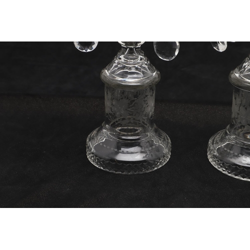 831 - PAIR OF 19THC GLASS TABLE LUSTRES. A pair of glass table lustres, the lustre drops supported on flow... 