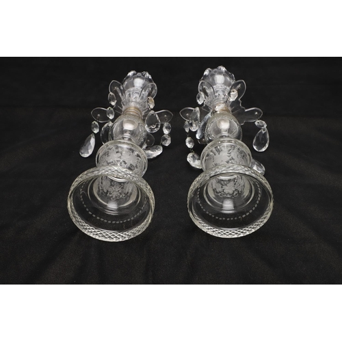 831 - PAIR OF 19THC GLASS TABLE LUSTRES. A pair of glass table lustres, the lustre drops supported on flow... 