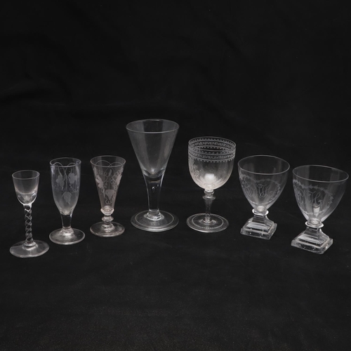 834 - PAIR OF ANTIQUE GLASS RUMMERS & OTHER GLASSES. A pair of 19thc glass rummers, engraved with initials... 