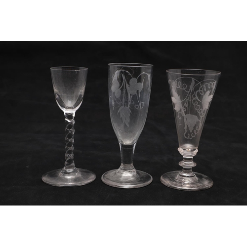 834 - PAIR OF ANTIQUE GLASS RUMMERS & OTHER GLASSES. A pair of 19thc glass rummers, engraved with initials... 