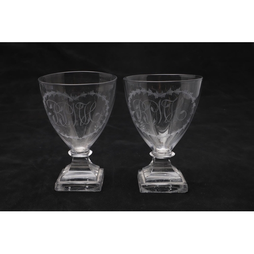 834 - PAIR OF ANTIQUE GLASS RUMMERS & OTHER GLASSES. A pair of 19thc glass rummers, engraved with initials... 