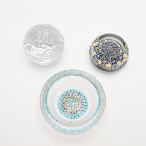 836 - PERTHSHIRE DATED CANE PAPERWEIGHT, WATERFORD PAPERWEIGHT & GLASS MILLEFIORI DISH. Including a Perths... 