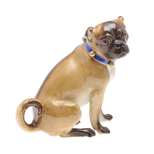 838 - LARGE MEISSEN PORCELAIN PUG. A large late 19thc model of a seated Pug, painted in coloured enamels a... 