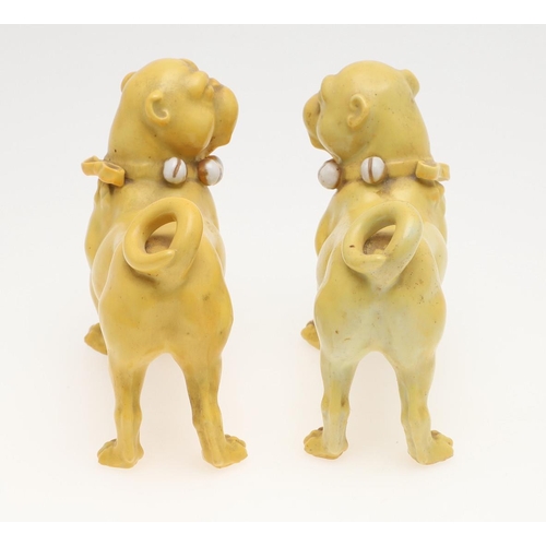 839 - PORCELAIN MODELS OF PUG DOGS. Including a pair of yellow glazed porcelain models of standing Pug dog... 