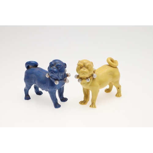 839 - PORCELAIN MODELS OF PUG DOGS. Including a pair of yellow glazed porcelain models of standing Pug dog... 