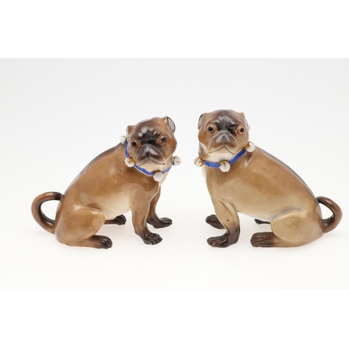 840 - MEISSEN STYLE PORCELAIN MODELS OF PUG DOGS. Including a model of a Pug and her pup, incised number 1... 