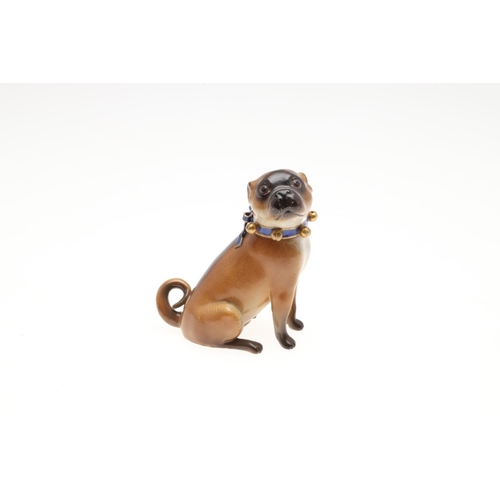 841 - MEISSEN PORCELAIN PUG DOGS. A porcelain model of a seated Pug dog with bell collar, incised number '... 