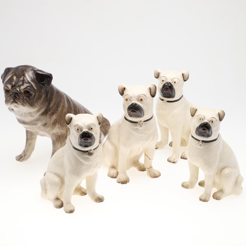 842 - TWO PAIRS OF POTTERY PUG DOGS & WINSTANLEY PUG. Two pairs of seated pottery Pug Dogs, each painted w... 