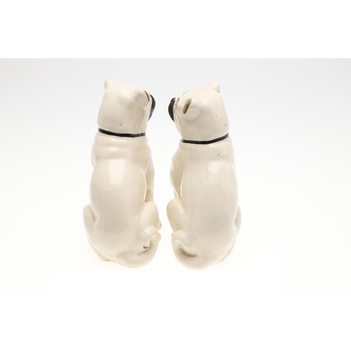 842 - TWO PAIRS OF POTTERY PUG DOGS & WINSTANLEY PUG. Two pairs of seated pottery Pug Dogs, each painted w... 