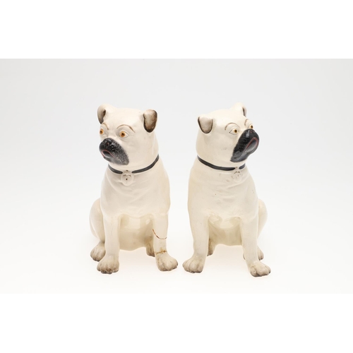 842 - TWO PAIRS OF POTTERY PUG DOGS & WINSTANLEY PUG. Two pairs of seated pottery Pug Dogs, each painted w... 