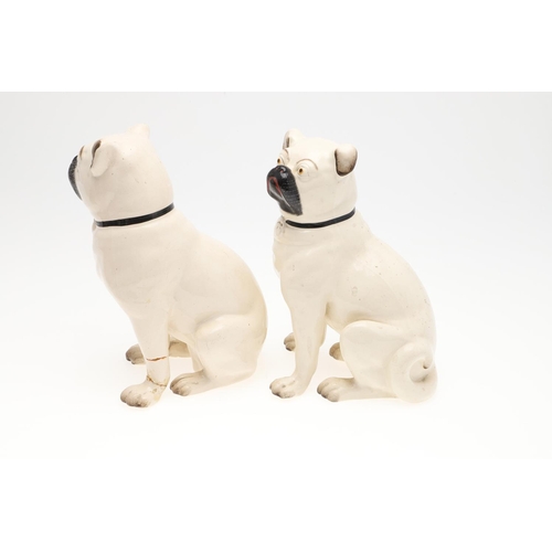 842 - TWO PAIRS OF POTTERY PUG DOGS & WINSTANLEY PUG. Two pairs of seated pottery Pug Dogs, each painted w... 