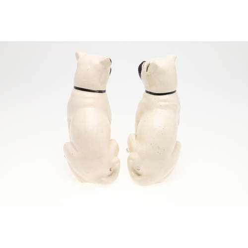 842 - TWO PAIRS OF POTTERY PUG DOGS & WINSTANLEY PUG. Two pairs of seated pottery Pug Dogs, each painted w... 