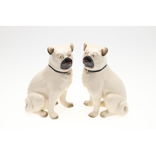 842 - TWO PAIRS OF POTTERY PUG DOGS & WINSTANLEY PUG. Two pairs of seated pottery Pug Dogs, each painted w... 