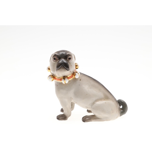 843 - PORCELAIN MODELS OF PUG DOGS. Including a Meissen style porcelain model of a seated Pug (17.5cms hig... 