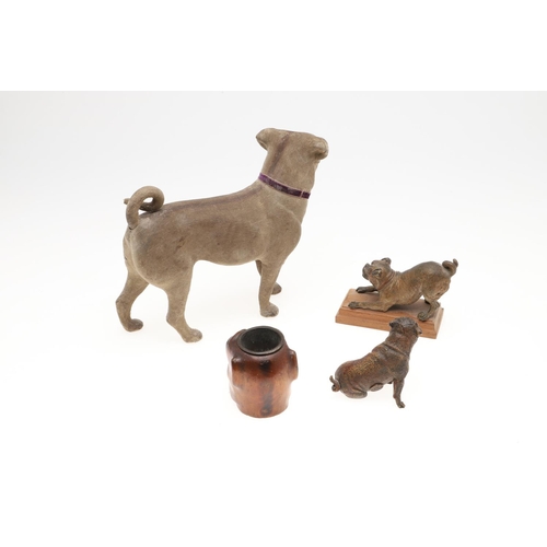 844 - COLD PAINTED BRONZE PUG & PUG RELATED ITEMS. A cold painted model of a crouching Pug Dog, the figure... 