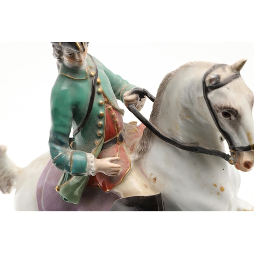 855 - 19THC MEISSEN FIGURE OF A HORSE & RIDER. A 19thc group after an original design by Johann Joachim Ka... 