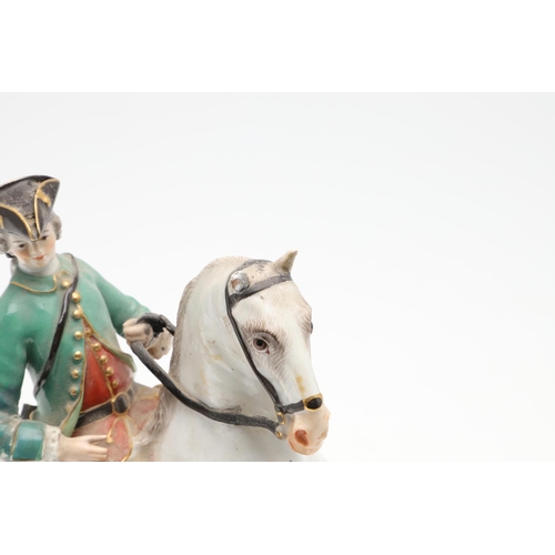 855 - 19THC MEISSEN FIGURE OF A HORSE & RIDER. A 19thc group after an original design by Johann Joachim Ka... 