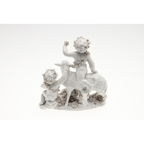 861 - PAIR OF VIENNA STYLE PORCELAIN FIGURE GROUPS. A pair of blanc de chine figure groups, with cherub fi... 