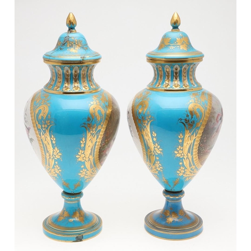 864 - LARGE PAIR OF SEVRES STYLE LIDDED VASES. A large pair of 19thc Sevres style lidded vases, with a pan... 