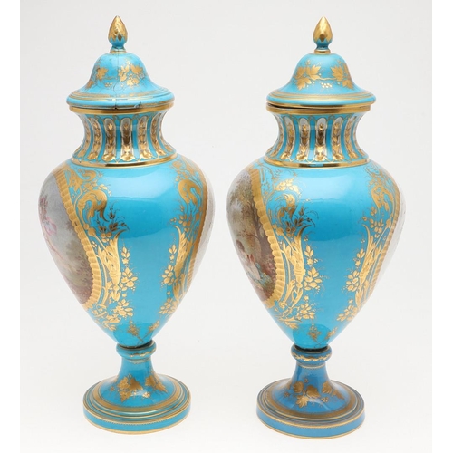 864 - LARGE PAIR OF SEVRES STYLE LIDDED VASES. A large pair of 19thc Sevres style lidded vases, with a pan... 