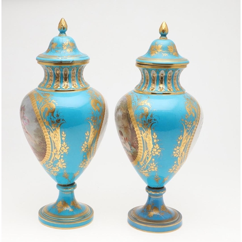 864 - LARGE PAIR OF SEVRES STYLE LIDDED VASES. A large pair of 19thc Sevres style lidded vases, with a pan... 