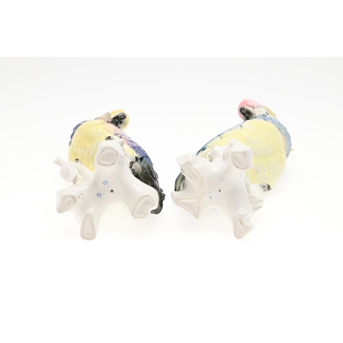 868 - TWO KARL ENS GERMAN PORCELAIN PARROTS. Two porcelain models of crested Parrots, each perched on a tr... 