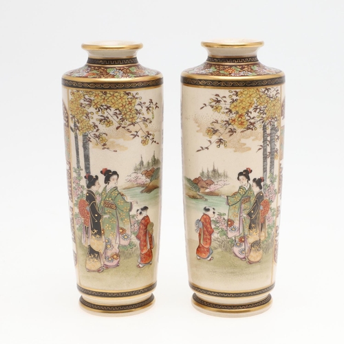 872 - PAIR OF JAPANESE SATSUMA VASES - SIGNED. Meiji period, a pair of slender vases painted on one side w... 