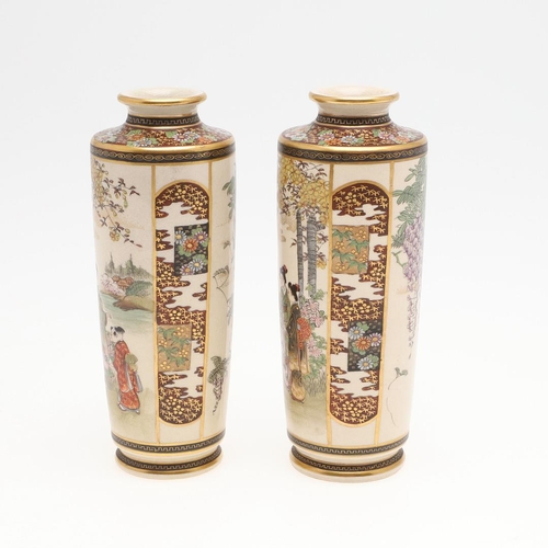 872 - PAIR OF JAPANESE SATSUMA VASES - SIGNED. Meiji period, a pair of slender vases painted on one side w... 