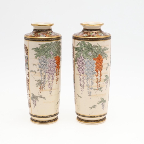 872 - PAIR OF JAPANESE SATSUMA VASES - SIGNED. Meiji period, a pair of slender vases painted on one side w... 