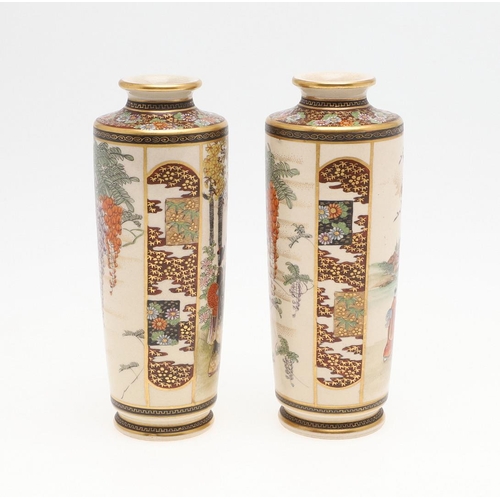 872 - PAIR OF JAPANESE SATSUMA VASES - SIGNED. Meiji period, a pair of slender vases painted on one side w... 