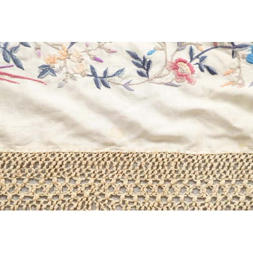 876 - CHINESE SILK EMBROIDERED SHAWL. A late 19thc/early 20thc large cream silk shawl, the square panel he... 