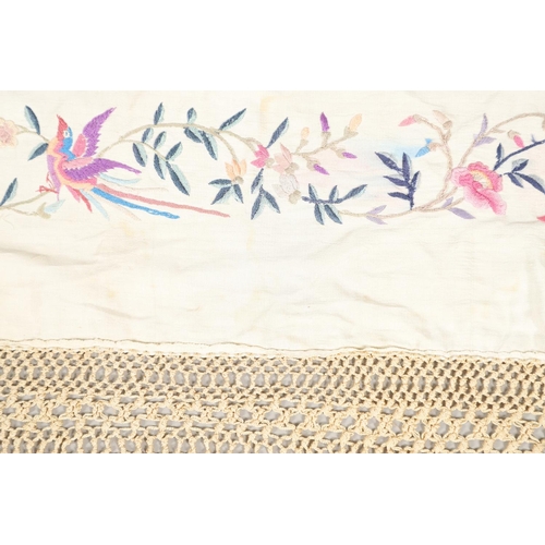 876 - CHINESE SILK EMBROIDERED SHAWL. A late 19thc/early 20thc large cream silk shawl, the square panel he... 