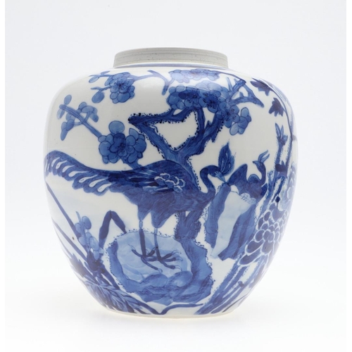 877 - 19THC CHINESE BLUE & WHITE GINGER JAR. A late 19thc ginger jar of globuler form, painted with peacoc... 