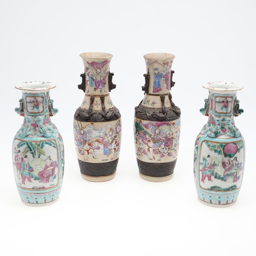 881 - PAIR OF CHINESE FAMIILE VERTE VASES & ANOTHER PAIR OF VASES. A pair of late 19thc famille verte vase... 