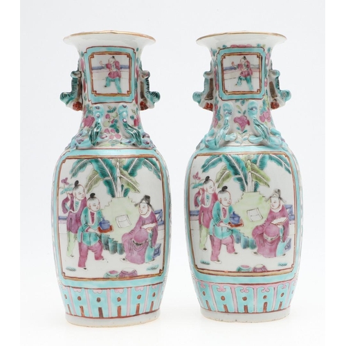 881 - PAIR OF CHINESE FAMIILE VERTE VASES & ANOTHER PAIR OF VASES. A pair of late 19thc famille verte vase... 