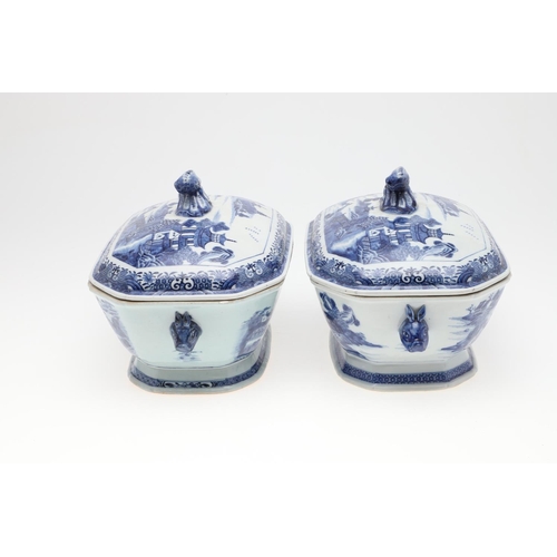 951 - PAIR OF CHINESE EXPORT TUREENS & COVERS. A pair of 18thc Chinese blue and white export lidded tureen... 