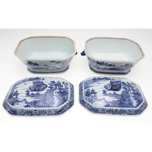 951 - PAIR OF CHINESE EXPORT TUREENS & COVERS. A pair of 18thc Chinese blue and white export lidded tureen... 