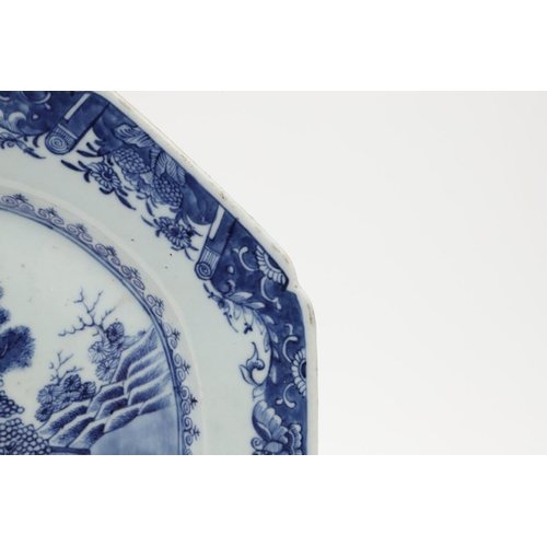 955 - 18THC CHINESE EXPORT BLUE & WHITE PLATTER. An 18thc platter of rectangular canted shape, painted wit... 