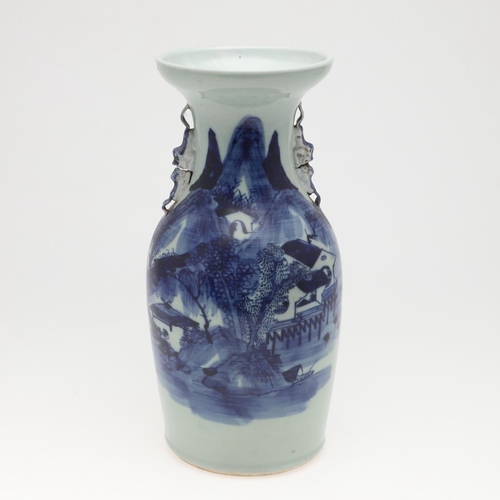 956 - 19THC CHINESE BLUE & WHITE VASE. A large blue and white vase painted with a mountainous landscape sc... 