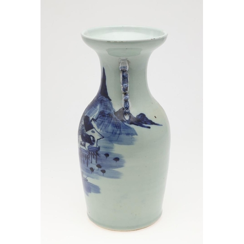 956 - 19THC CHINESE BLUE & WHITE VASE. A large blue and white vase painted with a mountainous landscape sc... 