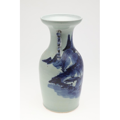 956 - 19THC CHINESE BLUE & WHITE VASE. A large blue and white vase painted with a mountainous landscape sc... 