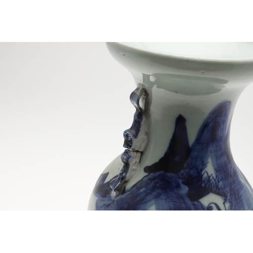 956 - 19THC CHINESE BLUE & WHITE VASE. A large blue and white vase painted with a mountainous landscape sc... 