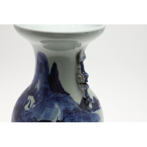 956 - 19THC CHINESE BLUE & WHITE VASE. A large blue and white vase painted with a mountainous landscape sc... 