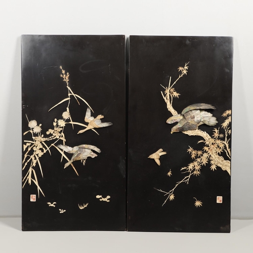 957 - PAIR OF LARGE JAPANESE LACQUERED INLAID PANELS. Meiji period, a pair of Japanese lacquered panels in... 