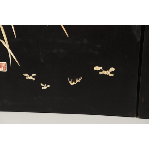 957 - PAIR OF LARGE JAPANESE LACQUERED INLAID PANELS. Meiji period, a pair of Japanese lacquered panels in... 