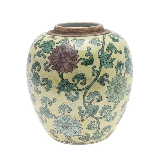 959 - CHINESE KANGXI LOTUS GINGER JAR - YELLOW GROUND. Kangxi period (1662-1722), a yellow ground enamel o... 